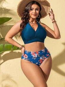 SHEIN Swim Curve 1 conjunto de traje de baño de talla grande para mujer con estampado aleatorio, bikini con corpiño de cordones, conjunto casual de dos piezas para vacaciones de verano en la playa - Multicolor - Ver 5