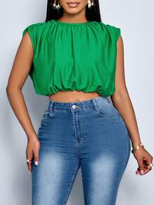 SOLERSUN Women's Plus Size Simple Spring Summer Daily Wear Solid Color Ruched Sleeveless Shirt - Green - View 4