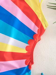 SHEIN Traje de baño de una pieza con bloques de color para niña, adecuado para vacaciones en la playa, fiestas en la piscina, fiestas en la playa - Multicolor - Ver 4