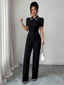 SHEIN Elenzya Bộ jumpsuit tay cánh hoa cổ ngọc trai đen, dáng suông ôm eo, thanh lịch, phù hợp cho cả công sở và phong cách tối giản thường ngày. - màu đen - Xem 7
