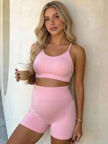 SHEIN Maternity Casual Solid Color Tight Camisole And Shorts Set, Summer - Pink - View 13