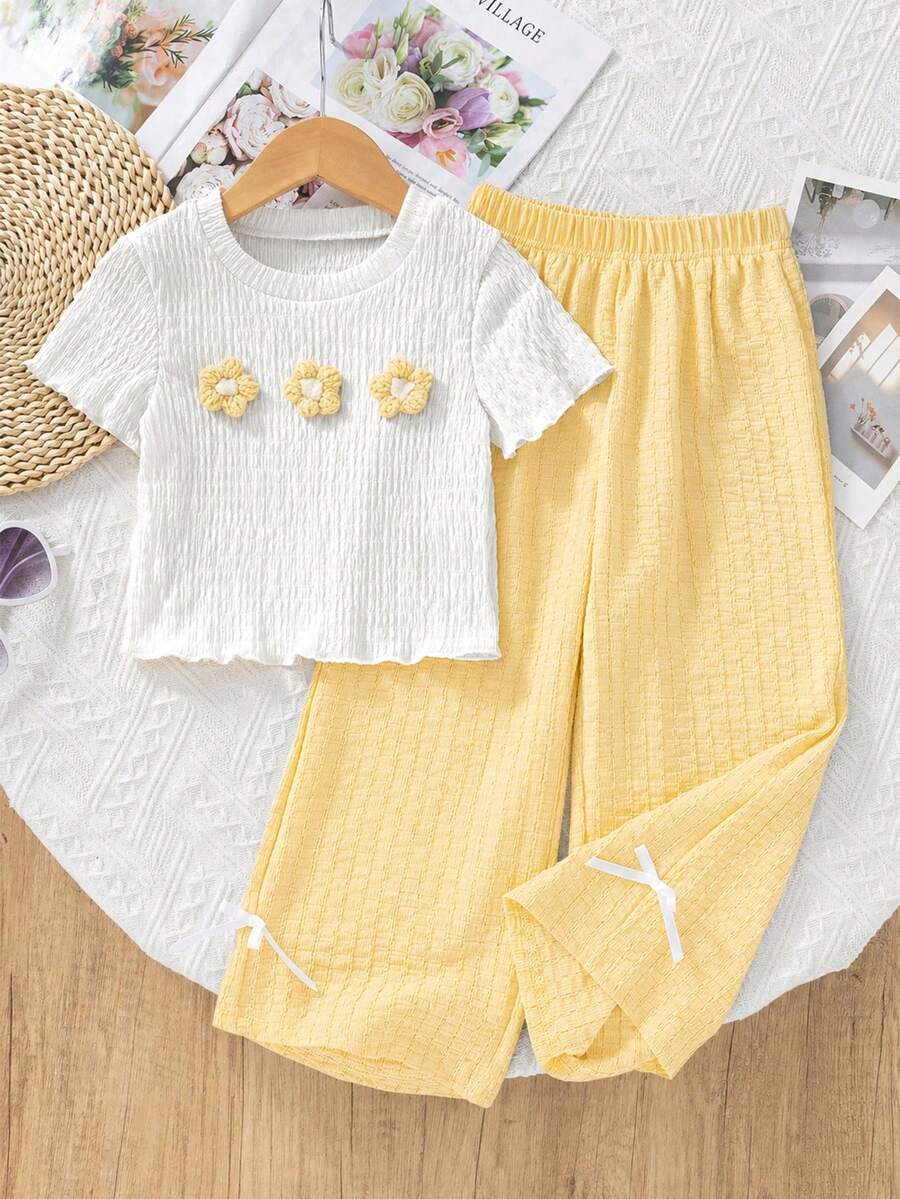 Genkimix Kids 2pcs/Set Kaos Bertekstur Anak Perempuan dengan Dekorasi Bunga 3D & Celana Panjang Kasual, Cocok Untuk Acara Santai dan Jalan-jalan - Kuning - View 1