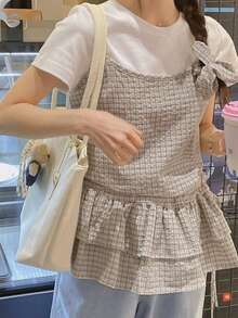 DAZY 女士格子印花多层休闲吊带背心 - 卡其色 - 查看 5