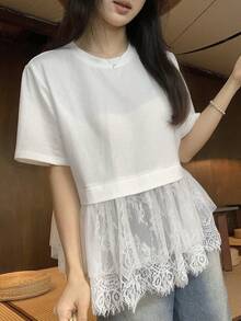 Blusa de verano casual de mujer de unicolor, cuello redondo ajustado, manga corta con aplicación de encaje - Blanco 5 - Ver 6