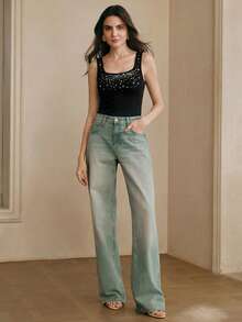 Anewsta Elegante camiseta sin mangas de punto ajustada con cuello cuadrado y adornos de strass hechos a mano para mujer, primavera - Negro - Ver 5