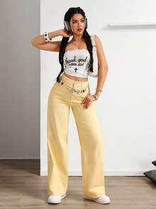 SHEIN ICON Women's Casual Commuting Minimalist Solid Color Loose Wide-Leg Jeans Everyday Yellow Summer - Yellow - View 6