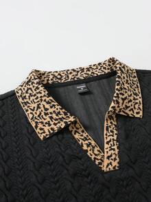 Manfinity Homme Camisa polo formal de hombre con textura de punto jacquard, estampado de leopardo, cuello y puños acanalados, para ceremonia - Negro - Ver 5