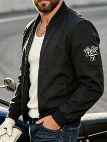 Manfinity Homme Chaqueta casual con cremallera y estampado de letras para hombres - Negro - Ver 2
