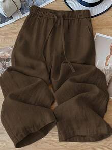 SHEIN PariChic Women's Casual Linen-Like Texture Straight Leg Pants, Spring/Summer - Brown - View 4