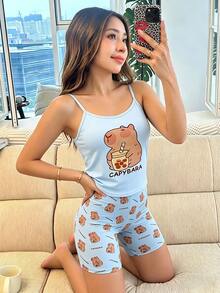 Bộ đồ ngủ cho bé gái tuổi teen, gồm áo hai dây màu xanh nhạt in hình chuột lang nước và quần short cùng màu cũng in hình chuột lang nước. - Màu xanh nhạt - Xem 3