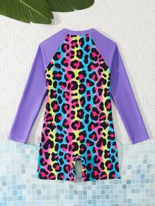Tween Girls Leopard Print Zipper One-Piece Swimsuit - White - View 2