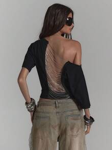MUSERA Slouchy Off The Shoulder Open Back Chain Detail Longline Cropped T-Shirt Sexy Summer Spring Rave Festival Holiday Party Going Out Serpent - Black - View 1