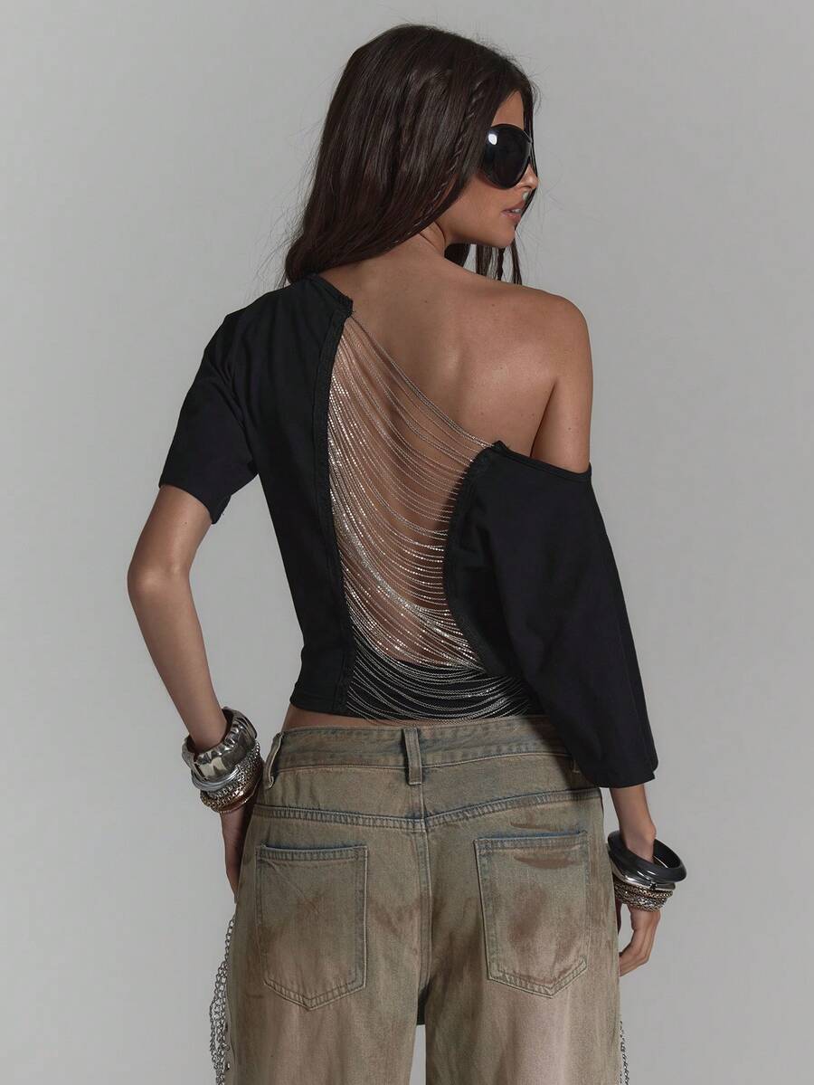 MUSERA Slouchy Off The Shoulder Open Back Chain Detail Longline Cropped T-Shirt Sexy Summer Spring Rave Festival Holiday Party Going Out Serpent - Black - View 1