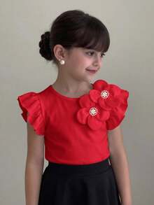 SHEIN Young Girl Floral 3D Decor Round Neck Elegant Ruffle Trim T-Shirt - Red - View 6