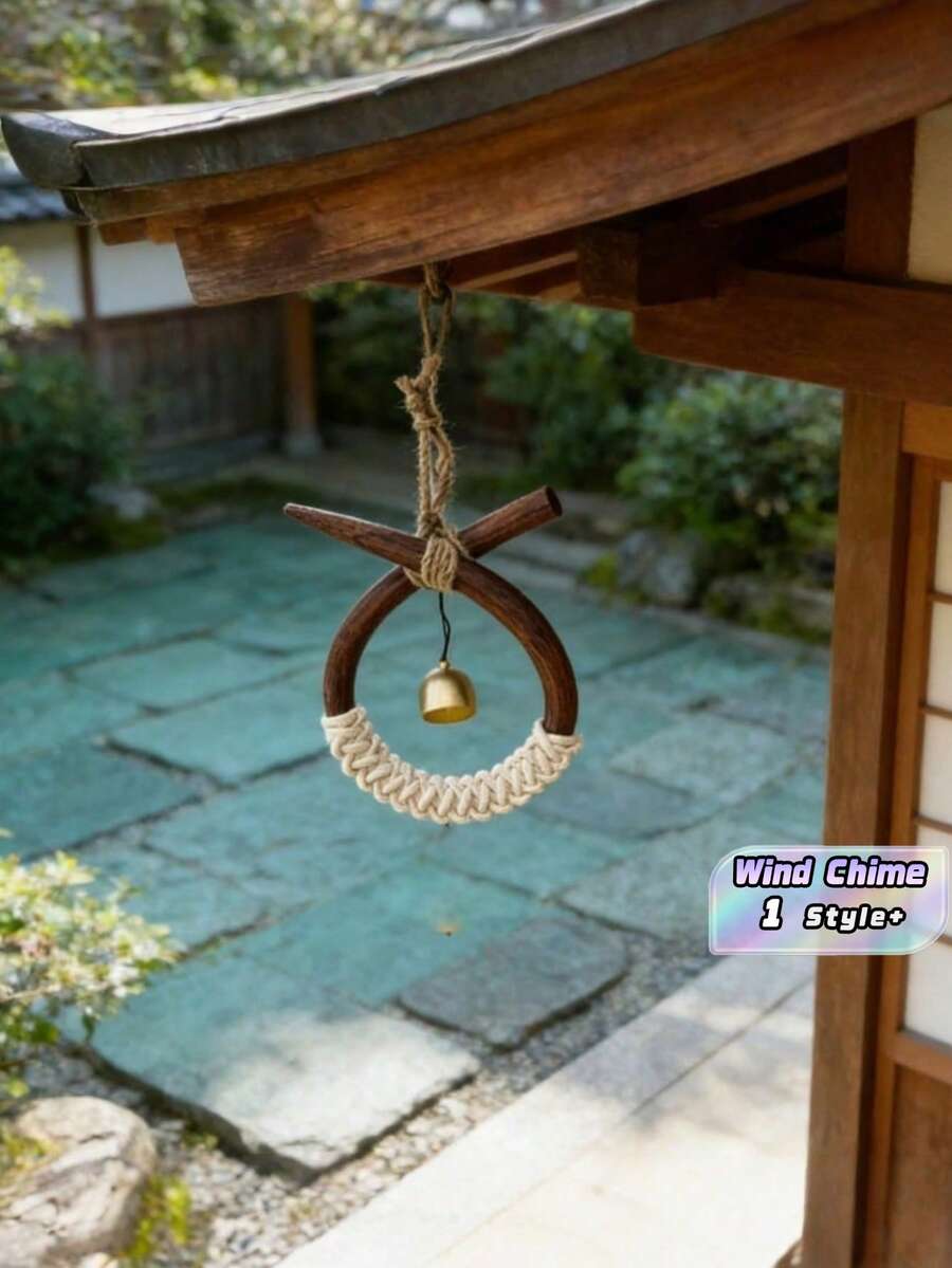 Cirelle Japanese Style Wood Wind Chime, Handmade Brass Bell With Macramé Rope, Zen Garden Hanging Decor, Rustic Wooden Doorbell For Home & Patio Ornament - multicolor - View 1