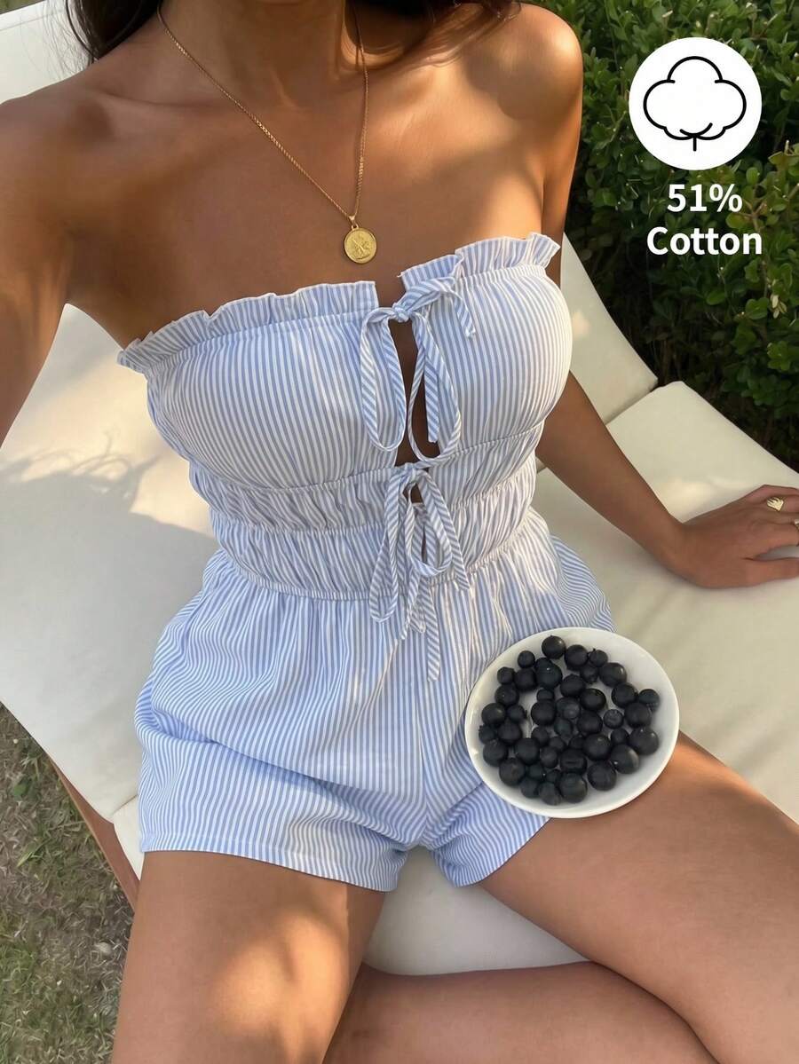 Sunnyshic Petite Áo ống cotton kẻ sọc xanh trắng và quần short cạp chun, kiểu dáng jumpsuit cho nữ dáng nhỏ nhắn, thích hợp cho kỳ nghỉ hè, đi biển, đi làm, thanh lịch, tối giản, thường ngày, đa năng. - Màu xanh lam - Xem 1