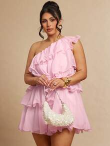 Gossip Girl X SHEIN SHEIN BAE 大码女士优雅性感荷叶边多层粉色派对连衣裙 - 粉色 - 查看 2
