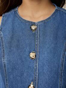 Poéselle Bộ đồ denim nữ dáng thường ngày gồm áo cổ tròn cài cúc đơn và quần dài. - Màu xanh lam - Xem 2
