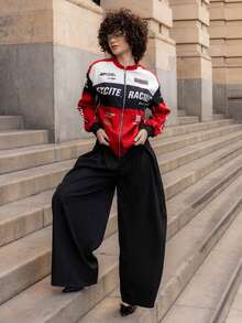 Xuxu's by Gio Letter Pattern Contrast Color Drop Shoulder Bomber Jacket For New Year Clothes Fall Winter Cloth For Women - Red - View 1