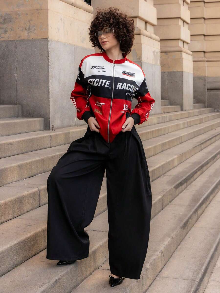 Xuxu's by Gio Letter Pattern Contrast Color Drop Shoulder Bomber Jacket For New Year Clothes Fall Winter Cloth For Women - Red - View 1