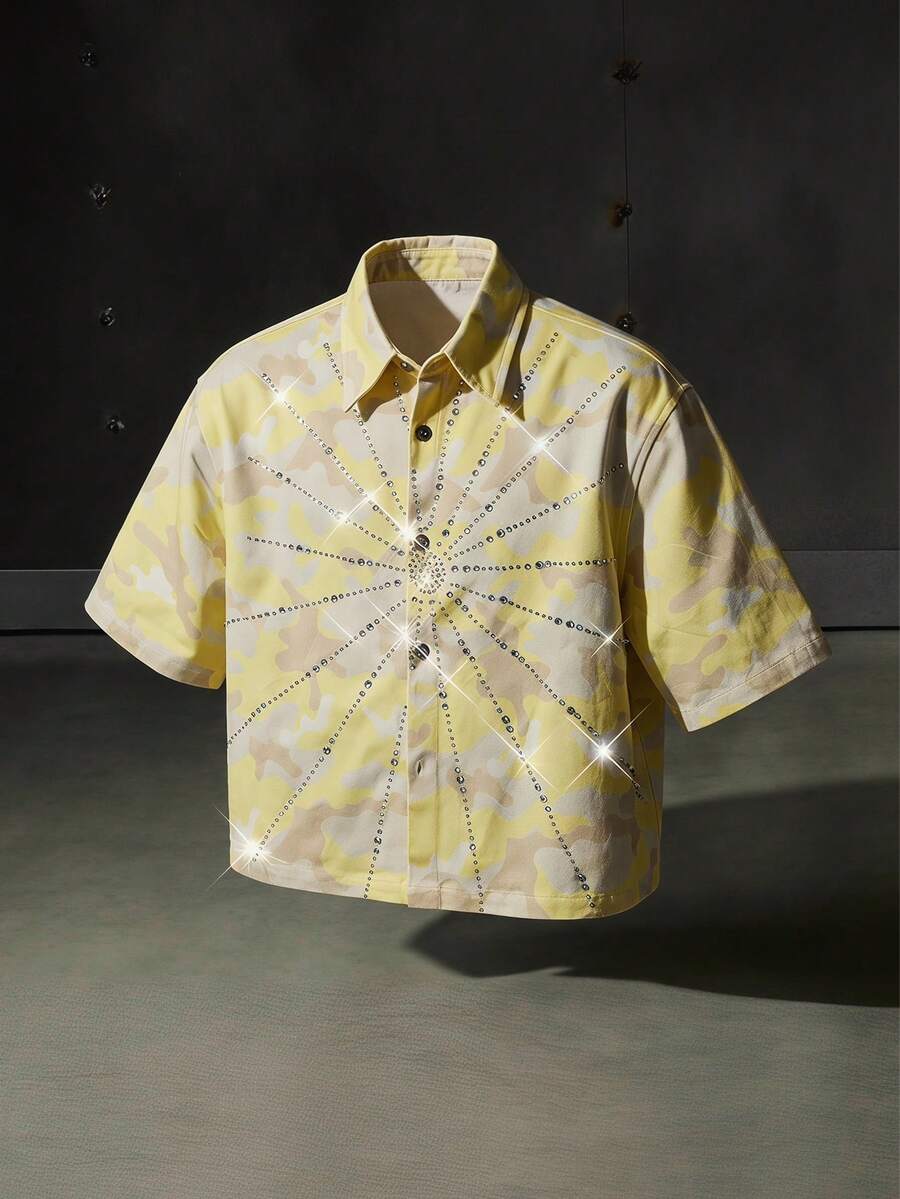 NEON BLANC Áo sơ mi denim nam tay ngắn cài một hàng khuy, họa tiết rằn ri, đính đá. - Màu vàng - Xem 1