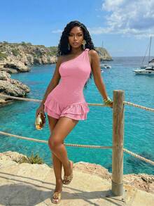 Slaydiva Women Soft Pink Summer Casual One-Shoulder Knotted Multi-Layer Ruffle Jumpsuit,Slim Fit Textured Beach Holiday Vacation Resort Fashion Outfits - Pink - View 6