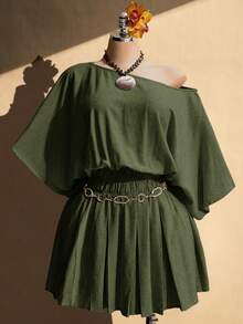 SHEIN ICON 大码女式休闲纯色不对称领连衣裙 - 軍綠色 - 查看 4