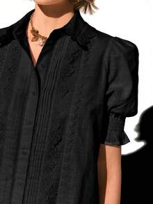 2026 Nuevo Blusa holgada con pliegues, mangas de pétalos de encaje y contraste, para uso casual y de vacaciones de las mujeres - Blanco - Ver 11