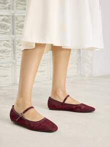 MOTF LADIES ELEGANT VERSATILE COMMUTER MESH FLORAL EMBROIDERED BUTTON FLATS FOR HOLIDAY WEAR - Mesh burgundy - View 6