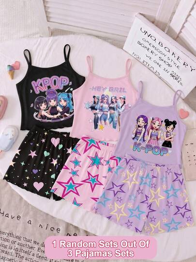 [3-Piece Set] Girls' Summer Fashion Cool K-Pop Girl Group Element Graphic Print Camisole Top & Allover Print Shorts With Ruffle Hem, Knit Fabric Soft Comfortable Pajamas/Loungewear, Versatile For Home & Outdoor