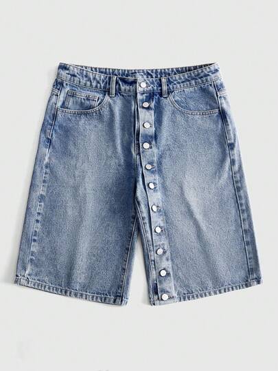ROMWE MEN Washed Vintage Style Loose Straight Leg Denim Shorts With Multiple Buttons For Men
