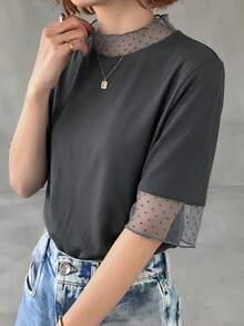 FRIFUL Women's Casual Loose Sheer Mesh See-Through Solid Color T-Shirt, Versatile For Spring And Summer - Grey - View 3