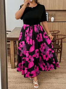SHEIN CURVE+ Plus Size Floral Print Patchwork Casual Vacation Dress - Multicolor - View 7