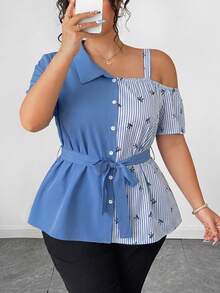 SHEIN Clasi Casual Elegant Baby Blue Tie-Up Asymmetric Loose Shoulder Short Sleeve Patchwork Plus Size Shirt, Suitable For Vacation Party Summer - Multicolor - View 5