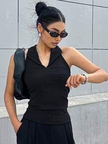 DAZY Solid Halter Top Tank Tops - Black - View 3