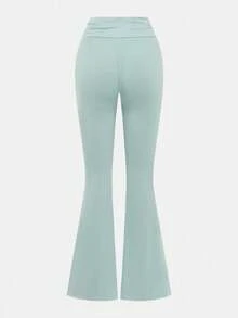 SHEIN Girlism Tween Girl Casual Fitted Light Blue Ruched Crew Neck Top And Ruched Flare Pants Set - Mint Green - View 8