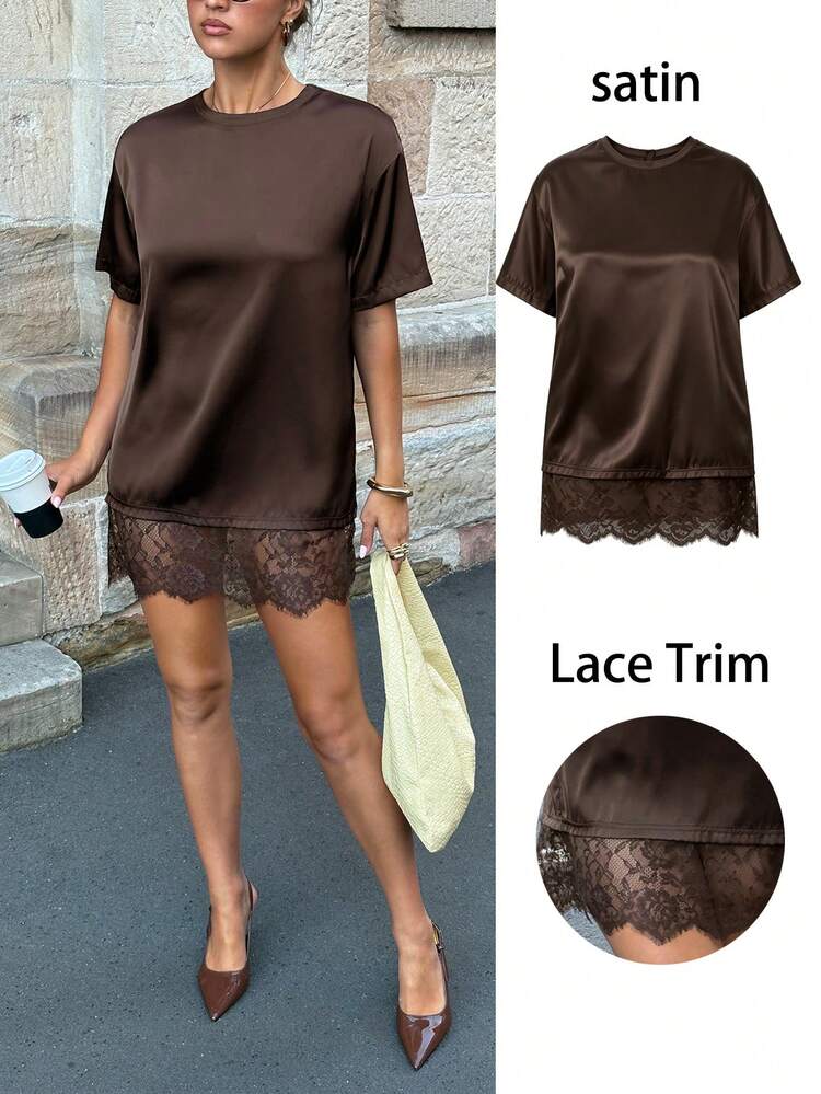 Vestido corto de verano de mujer con cuello redondo, mangas cortas de hombros caídos, parches de encaje y diseño holgado de un color - Multicolor - Añade 7