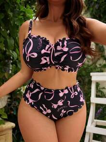 Swim Mod 2026 New Summer Beach Vacation Cute Ruffle Pink Bow Pattern Bandeau Two-Piece Swimwear Set, Plus Size - Multicolor - View 1