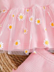 SHEIN 2pcs/Set Baby Girls' Casual Vintage Elegant Cute Daisy Embroidery Ribbon & Mesh Outfit, Suitable For Spring/Summer Outings - Pink - View 8