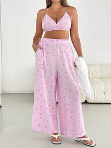 SHEIN CURVE+ 大尺碼女款三件套，白色亮片，夏季波西米亞海灘度假防曬T恤，粉色細肩帶背心與寬腿長褲，休閒夏威夷郵輪Y2K穿搭 - 粉色 - 查看 4
