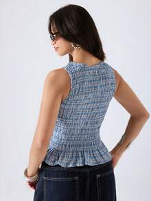 LYSMO Women's Pleated Striped Ruffle Hem Round Neck Camisole - Baby Blue - View 2