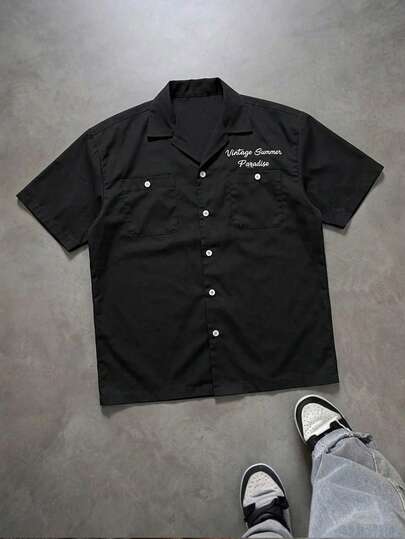 PAVTROS Men's Solid Color Retro Streetwear Double Pocket Letter Print Loose Short Sleeve Shirt