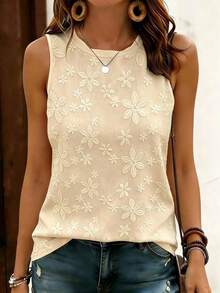 EMERY ROSE Women's Floral Print Sleeveless Top, Comfortable Casual Round Neck Tank Top, Suitable For Summer Daily Wear - Apricot - View 3