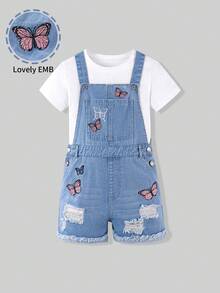 SHEIN Elladie kids 少女牛仔背带短裤，夏季新款，Y2K街头风，浅蓝色牛仔布，蝴蝶刺绣，破洞毛边卷边设计，宽松直筒版型，舒适轻盈的牛仔面料，易于搭配日常服装，可搭配T恤，是夏季度假、音乐节、日常出行、复古夏日度假风的理想之选。 - 淺色水洗藍 - 查看 5