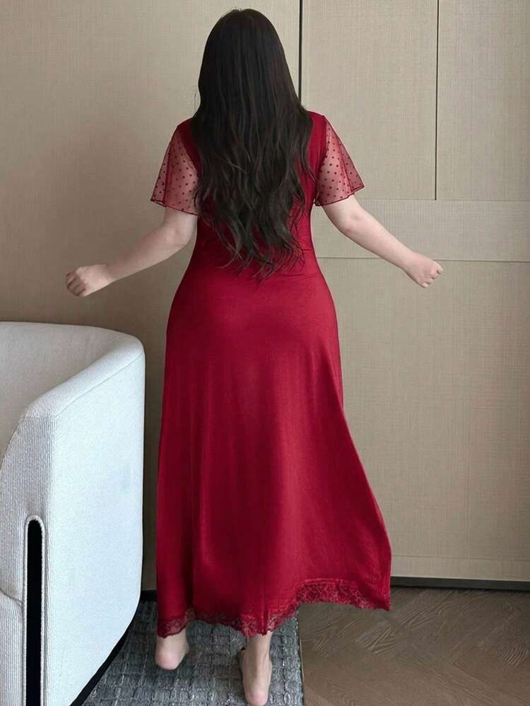 Dazy Plus Plus Size Women Contrast Lace Elegant Mid-Length Nightgown