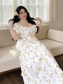 Vibekara Plus Size Vacation Style Square Neck Waist Cinched A-Line Dress - Multicolor - View 5