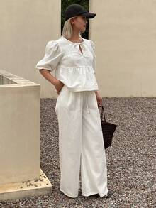 DAZY Conjunto de blusa holgada de manga de pétalo blanca de algodón y falda vaquera casual, adecuado para fiesta, playa, vacaciones, verano - Blanco - Ver 6