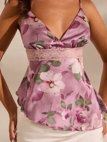 Opulessa Camisola asimétrica de mujer con encaje de contraste estampado y tejido para vacaciones de primavera/verano - Rosa - Ver 3