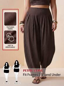 SHEIN PETITE CURVE Plus Size Women's Petite Brown Harem Pants, High-Waisted Elegant Casual Pants With Pockets, Boho Autumn Holiday Summer Formal Vacation - Brown - View 1