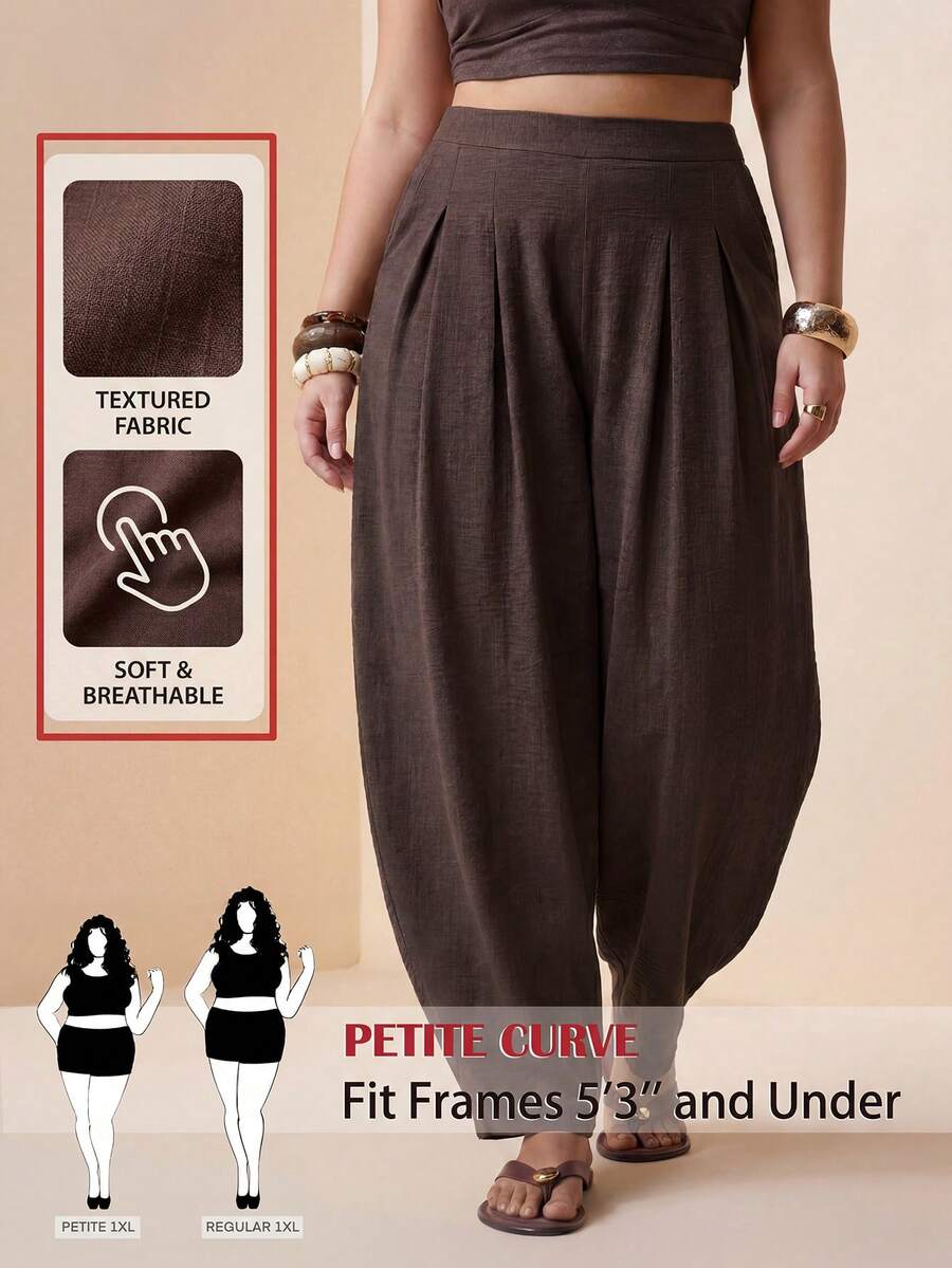 SHEIN PETITE CURVE Plus Size Women's Petite Brown Harem Pants, High-Waisted Elegant Casual Pants With Pockets, Boho Autumn Holiday Summer Formal Vacation - Brown - View 1